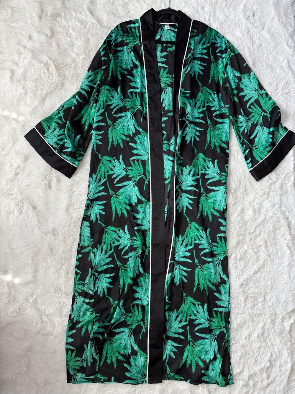 Fe Noel Black Kimono-Style Long Jacket with Vibrant Green Palm Print